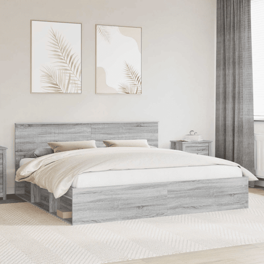 Estrutura de cama de casal king size com cabeceira - Cinza Sonoma 200 x 200 cm