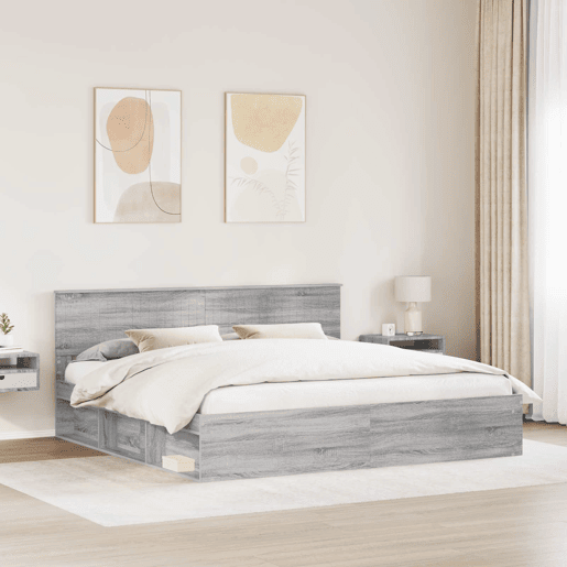 Estrutura de cama de casal king size com cabeceira - Cinza Sonoma 200 x 200 cm