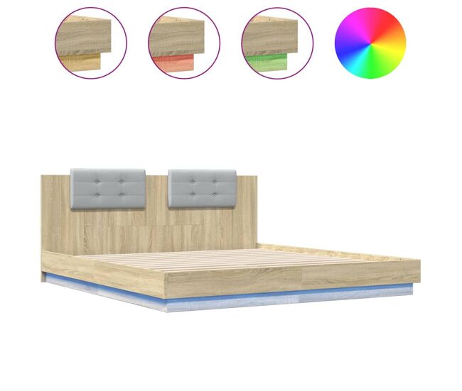 Estructura de cama matrimonial moderno con cabecero luces led roble sonoma 160x200 cm