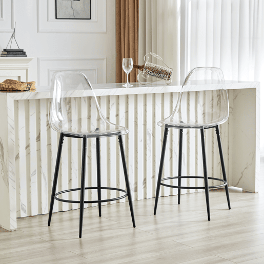 Conjunto de 2 bancos transparentes - Design flutuante - Pernas de metal preto - Ideal para cozinhas abertas modernas - Cor: preto, transparente