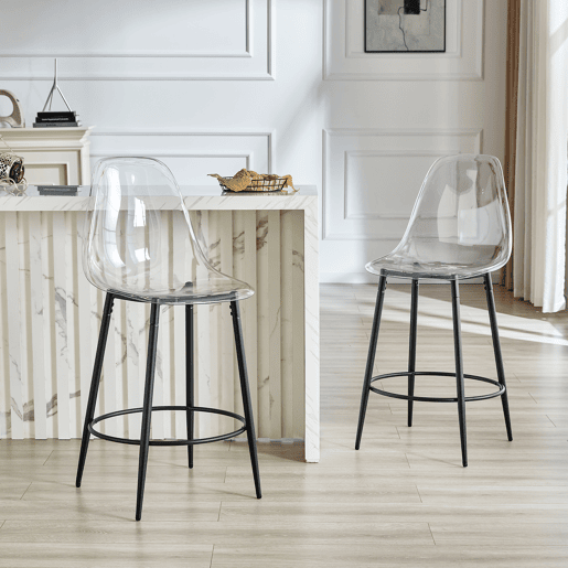 Conjunto de 2 bancos transparentes - Design flutuante - Pernas de metal preto - Ideal para cozinhas abertas modernas - Cor: preto, transparente