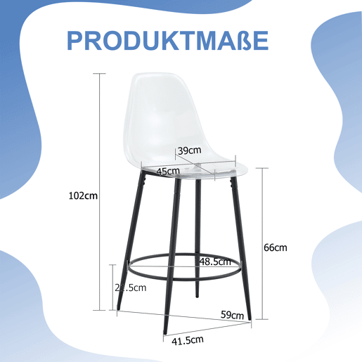 Conjunto de 2 bancos transparentes - Design flutuante - Pernas de metal preto - Ideal para cozinhas abertas modernas - Cor: preto, transparente