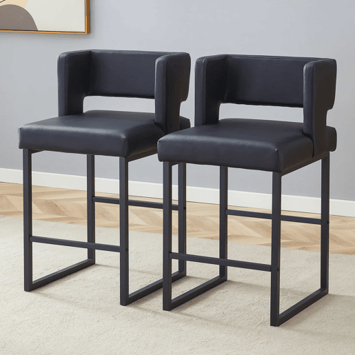 Bancos de bar 2 unidades - estilo nórdico, design quadrado, pernas metálicas pretas - Preto Bancos de bar 2 unidades - estilo nórdico, design quadrado, pernas metálicas pretas - Preto