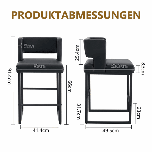 Bancos de bar 2 unidades - estilo nórdico, design quadrado, pernas metálicas pretas - Preto Bancos de bar 2 unidades - estilo nórdico, design quadrado, pernas metálicas pretas - Preto
