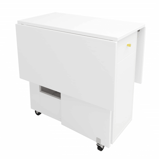 Mesa de jantar dobrável 120x75x75 cm - tampo extensível, 2-4 pessoas, 2 gavetas, espaço aberto, rodízios com travão - Branco Mesa de jantar dobrável 120x75x75 cm - tampo extensível, 2-4 pessoas, 2 gavetas, espaço aberto, rodízios com travão - Branco
