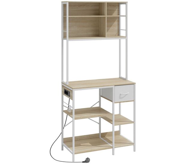 Homcom estantería de cocina con enchufes y puertos usb, mueble auxiliar de cocina, soporte de microondas, 8 estantes, 6 ganchos, cajón de tela, para