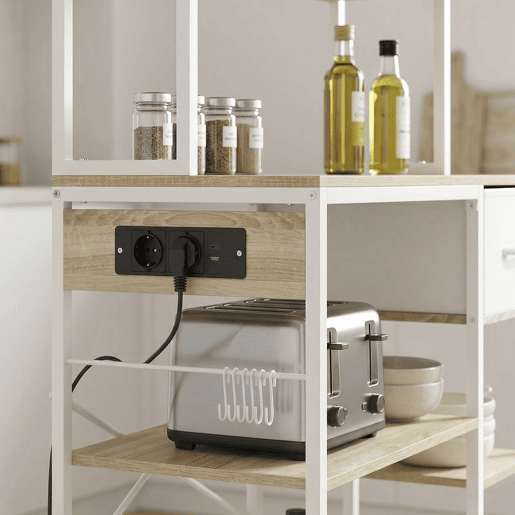HOMCOM Estante de Cozinha com Tomadas e Portas USB, Móvel Auxiliar de Cozinha, Suporte de Micro-ondas, 8 Prateleiras, 6 Ganchos, Gaveta de Tecido, para Espaços Pequenos, 80x40x181 cm, Carvalho HOMCOM Estante de Cozinha com Tomadas e Portas USB, Móvel Auxiliar de Cozinha, Suporte de Micro-ondas, 8 Prateleiras, 6 Ganchos, Gaveta de Tecido, para Espaços Pequenos, 80x40x181 cm, Carvalho