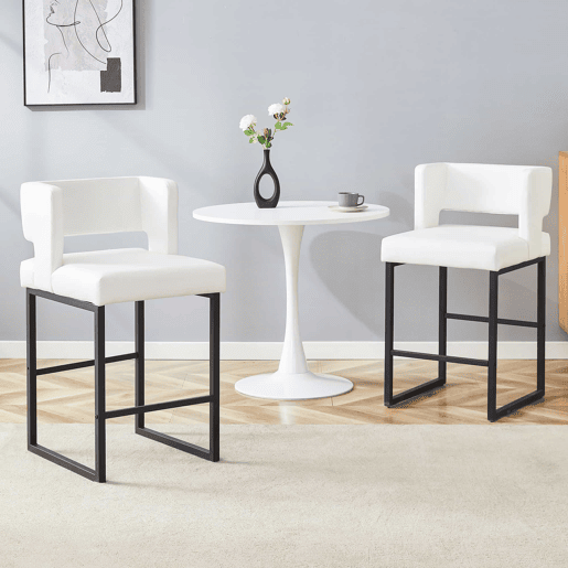 Cadeiras de bar 2 unidades - estilo nórdico, design quadrado, pernas metálicas pretas - Branco+Preto