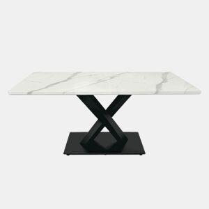 Mesa de jantar retangular moderna para 6 a 8 pessoas - Mesa de cozinha grande com tampo em MDF e base metálica preta - Mesa de madeira com padrão de mármore branco - Suporte em forma de X - Preto e branco