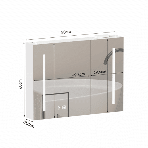 Armário com espelho e luz LED de 80 cm - com espaço de arrumação, para montagem na parede, multiusos para casa de banho, sala e quarto - branco