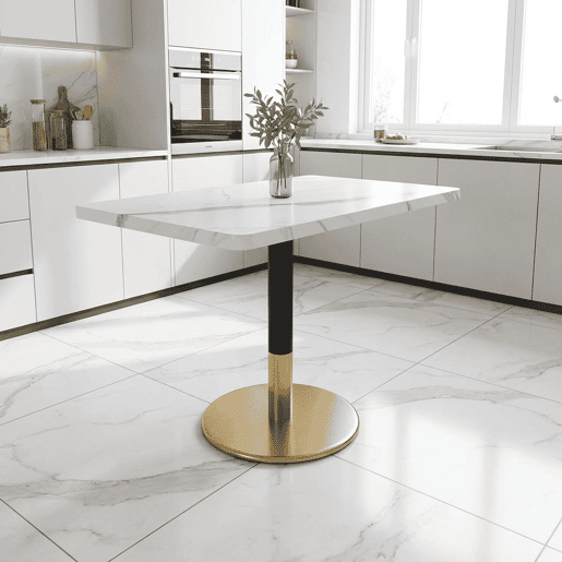 Mesa de jantar moderna retangular 80 x 60 cm - Mesa pequena com padrão em mármore branco e base em metal preto e dourado - para sala de jantar, cozinha e escritório