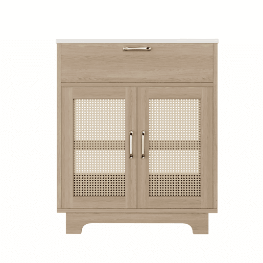 Móvel de casa de banho com lavatório 76x46x88 cm - resistente à humidade, gavetas com sistema de abertura suave, porta dupla com fecho suave, pés altos com detalhes em rattan, lavatório em cerâmica - cor natural Móvel de casa de banho com lavatório 76x46x88 cm - resistente à humidade, gavetas com sistema de abertura suave, porta dupla com fecho suave, pés altos com detalhes em rattan, lavatório em cerâmica - cor natural