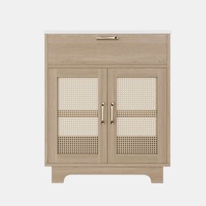 Móvel de casa de banho com lavatório 76x46x88 cm - resistente à humidade, gavetas com sistema de abertura suave, porta dupla com fecho suave, pés altos com detalhes em rattan, lavatório em cerâmica - cor natural