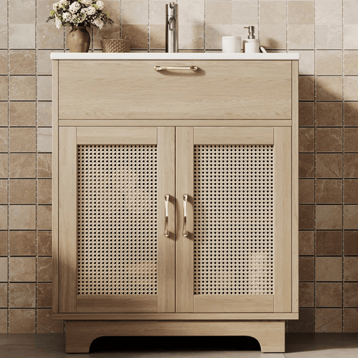 Móvel de casa de banho com lavatório 76x46x88 cm - resistente à humidade, gavetas com sistema de abertura suave, porta dupla com fecho suave, pés altos com detalhes em rattan, lavatório em cerâmica - cor natural Móvel de casa de banho com lavatório 76x46x88 cm - resistente à humidade, gavetas com sistema de abertura suave, porta dupla com fecho suave, pés altos com detalhes em rattan, lavatório em cerâmica - cor natural