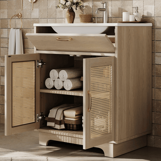 Móvel de casa de banho com lavatório 76x46x88 cm - resistente à humidade, gavetas com sistema de abertura suave, porta dupla com fecho suave, pés altos com detalhes em rattan, lavatório em cerâmica - cor natural Móvel de casa de banho com lavatório 76x46x88 cm - resistente à humidade, gavetas com sistema de abertura suave, porta dupla com fecho suave, pés altos com detalhes em rattan, lavatório em cerâmica - cor natural