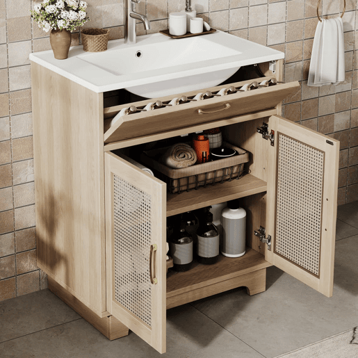 Móvel de casa de banho com lavatório 76x46x88 cm - resistente à humidade, gavetas com sistema de abertura suave, porta dupla com fecho suave, pés altos com detalhes em rattan, lavatório em cerâmica - cor natural Móvel de casa de banho com lavatório 76x46x88 cm - resistente à humidade, gavetas com sistema de abertura suave, porta dupla com fecho suave, pés altos com detalhes em rattan, lavatório em cerâmica - cor natural