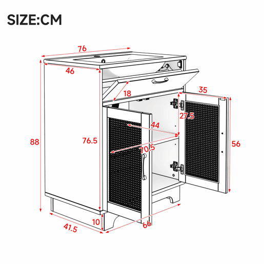 Móvel de casa de banho com lavatório 76x46x88 cm - resistente à humidade, gavetas com sistema de abertura suave, porta dupla com fecho suave, pés altos com detalhes em rattan, lavatório em cerâmica - cor natural Móvel de casa de banho com lavatório 76x46x88 cm - resistente à humidade, gavetas com sistema de abertura suave, porta dupla com fecho suave, pés altos com detalhes em rattan, lavatório em cerâmica - cor natural