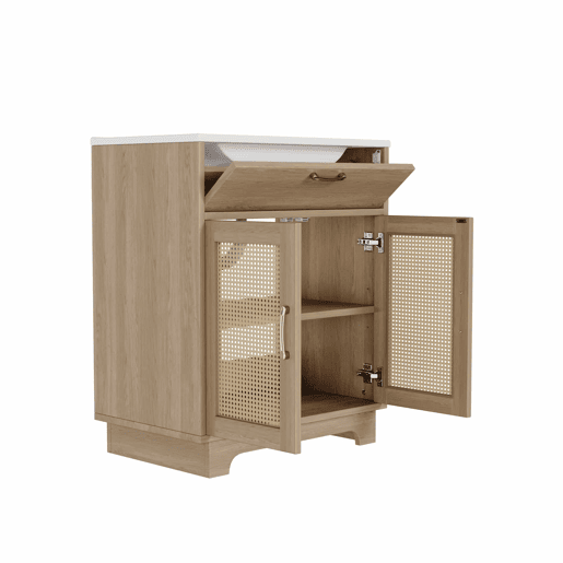 Móvel de casa de banho com lavatório 76x46x88 cm - resistente à humidade, gavetas com sistema de abertura suave, porta dupla com fecho suave, pés altos com detalhes em rattan, lavatório em cerâmica - cor natural Móvel de casa de banho com lavatório 76x46x88 cm - resistente à humidade, gavetas com sistema de abertura suave, porta dupla com fecho suave, pés altos com detalhes em rattan, lavatório em cerâmica - cor natural