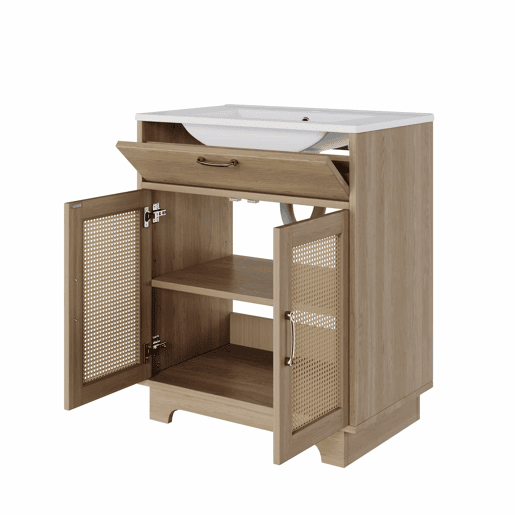 Móvel de casa de banho com lavatório 76x46x88 cm - resistente à humidade, gavetas com sistema de abertura suave, porta dupla com fecho suave, pés altos com detalhes em rattan, lavatório em cerâmica - cor natural Móvel de casa de banho com lavatório 76x46x88 cm - resistente à humidade, gavetas com sistema de abertura suave, porta dupla com fecho suave, pés altos com detalhes em rattan, lavatório em cerâmica - cor natural