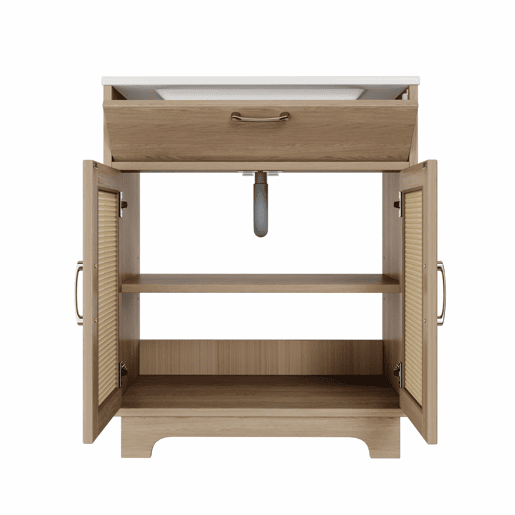 Móvel de casa de banho com lavatório 76x46x88 cm - resistente à humidade, gavetas com sistema de abertura suave, porta dupla com fecho suave, pés altos com detalhes em rattan, lavatório em cerâmica - cor natural Móvel de casa de banho com lavatório 76x46x88 cm - resistente à humidade, gavetas com sistema de abertura suave, porta dupla com fecho suave, pés altos com detalhes em rattan, lavatório em cerâmica - cor natural