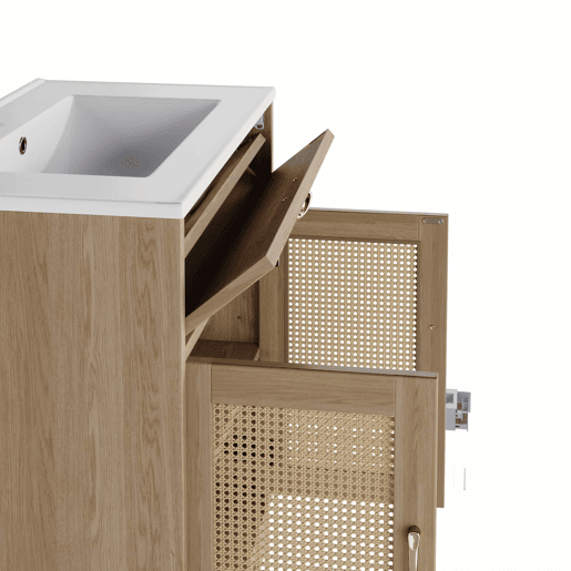 Móvel de casa de banho com lavatório 76x46x88 cm - resistente à humidade, gavetas com sistema de abertura suave, porta dupla com fecho suave, pés altos com detalhes em rattan, lavatório em cerâmica - cor natural Móvel de casa de banho com lavatório 76x46x88 cm - resistente à humidade, gavetas com sistema de abertura suave, porta dupla com fecho suave, pés altos com detalhes em rattan, lavatório em cerâmica - cor natural