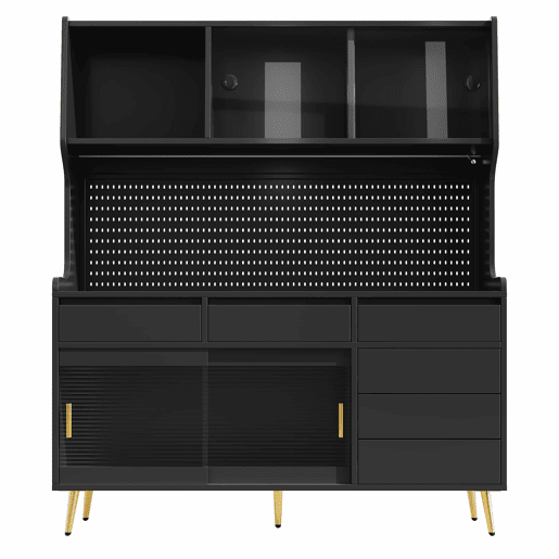 Aparador alto 145x39x171 cm - LED, App, gaveta, prateleira com painel perfurado - preto Aparador alto 145x39x171 cm - LED, App, gaveta, prateleira com painel perfurado - preto