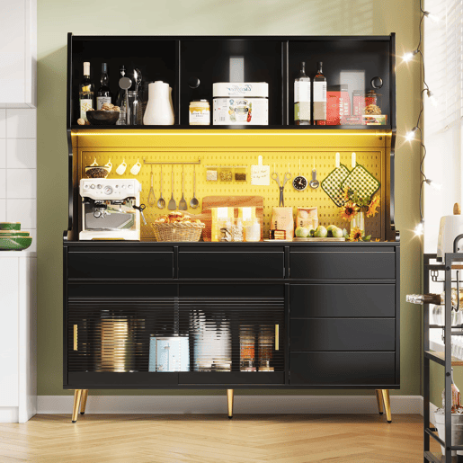 Aparador alto 145x39x171 cm - LED, App, gaveta, prateleira com painel perfurado - preto Aparador alto 145x39x171 cm - LED, App, gaveta, prateleira com painel perfurado - preto