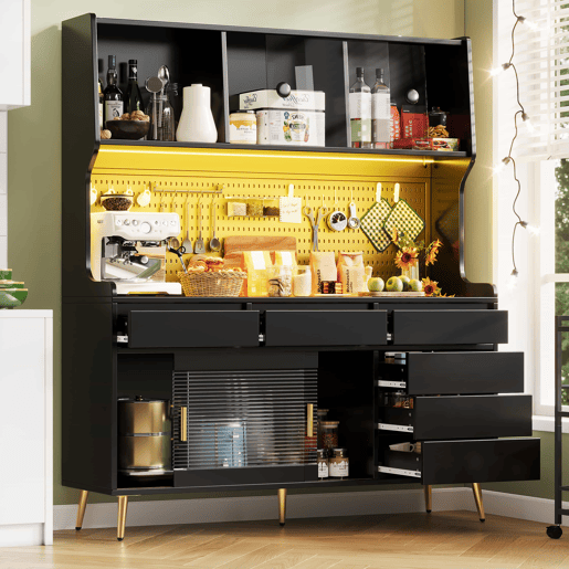 Aparador alto 145x39x171 cm - LED, App, gaveta, prateleira com painel perfurado - preto Aparador alto 145x39x171 cm - LED, App, gaveta, prateleira com painel perfurado - preto