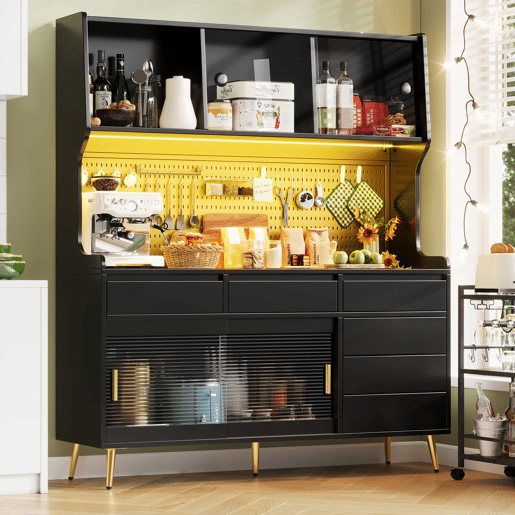 Aparador alto 145x39x171 cm - LED, App, gaveta, prateleira com painel perfurado - preto Aparador alto 145x39x171 cm - LED, App, gaveta, prateleira com painel perfurado - preto