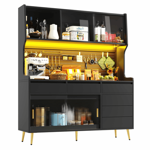 Aparador alto 145x39x171 cm - LED, App, gaveta, prateleira com painel perfurado - preto Aparador alto 145x39x171 cm - LED, App, gaveta, prateleira com painel perfurado - preto