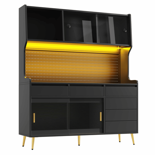 Aparador alto 145x39x171 cm - LED, App, gaveta, prateleira com painel perfurado - preto Aparador alto 145x39x171 cm - LED, App, gaveta, prateleira com painel perfurado - preto