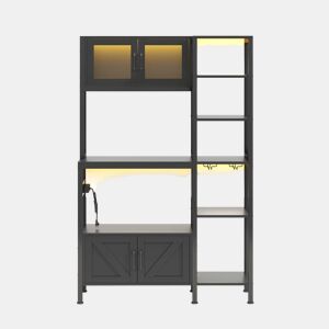 Estante de cozinha 180x115 cm - com tomada, LED, suporte para micro-ondas e copos - Preto
