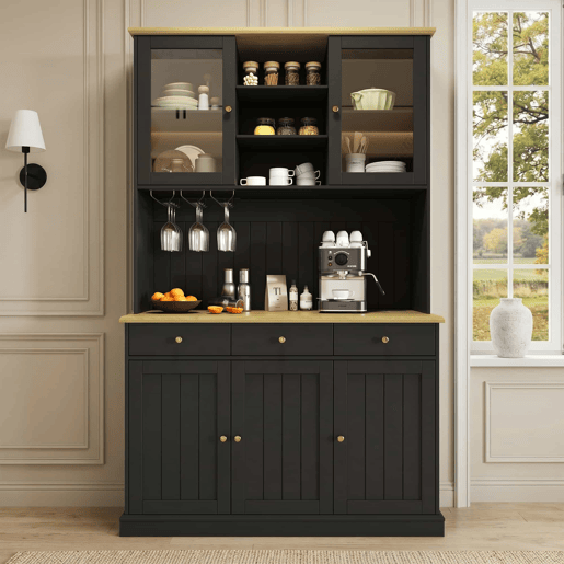Aparador alto 120x40x191 cm - portas de vidro, arrumação, tomada e USB - preto Aparador alto 120x40x191 cm - portas de vidro, arrumação, tomada e USB - preto