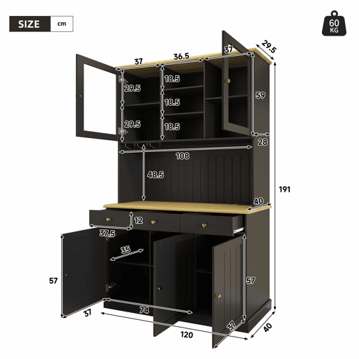 Aparador alto 120x40x191 cm - portas de vidro, arrumação, tomada e USB - preto Aparador alto 120x40x191 cm - portas de vidro, arrumação, tomada e USB - preto