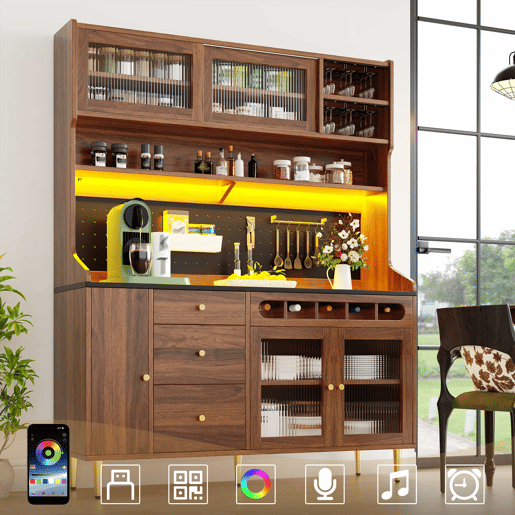 Armário alto para sala 145x39x171 cm - prateleiras ajustáveis, LED, gaveta com garrafeira - nogueira Armário alto para sala 145x39x171 cm - prateleiras ajustáveis, LED, gaveta com garrafeira - nogueira