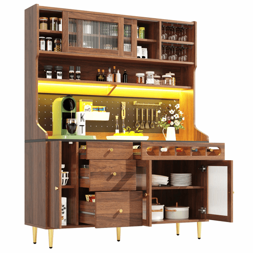 Armário alto para sala 145x39x171 cm - prateleiras ajustáveis, LED, gaveta com garrafeira - nogueira Armário alto para sala 145x39x171 cm - prateleiras ajustáveis, LED, gaveta com garrafeira - nogueira