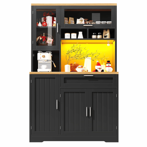 Armário alto LED 104x40x180 cm - Vitrine moderna para cozinha e sala - Preto