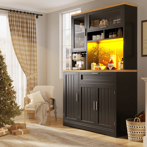 Armário alto LED 104x40x180 cm - Vitrine moderna para cozinha e sala - Preto