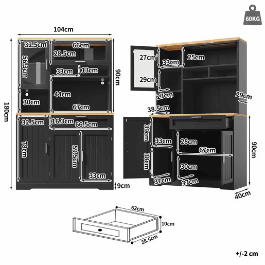 Armário alto LED 104x40x180 cm - Vitrine moderna para cozinha e sala - Preto
