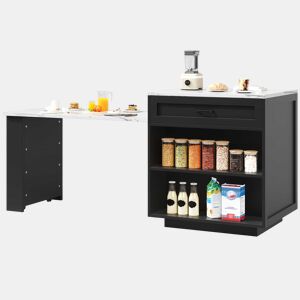 Ilha de cozinha extensível com arrumação 133-202 x 70 x 93,5 cm - 2 gavetas, 2 compartimentos, mesa de cozinha para 2 a 6 pessoas, carrinho de cozinha com prateleiras laterais - preto