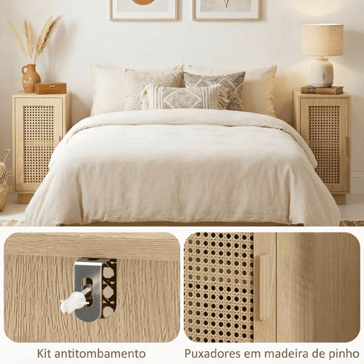 HOMCOM Conjunto de 2 Mesas de Cabeceira com Porta de Vime Mesas de Cabeceira Estilo Boho com Prateleira Ajustável para Espaços Pequenos Sala, Quarto 25x30x60 cm Madeira HOMCOM Conjunto de 2 Mesas de Cabeceira com Porta de Vime Mesas de Cabeceira Estilo Boho com Prateleira Ajustável para Espaços Pequenos Sala, Quarto 25x30x60 cm Madeira