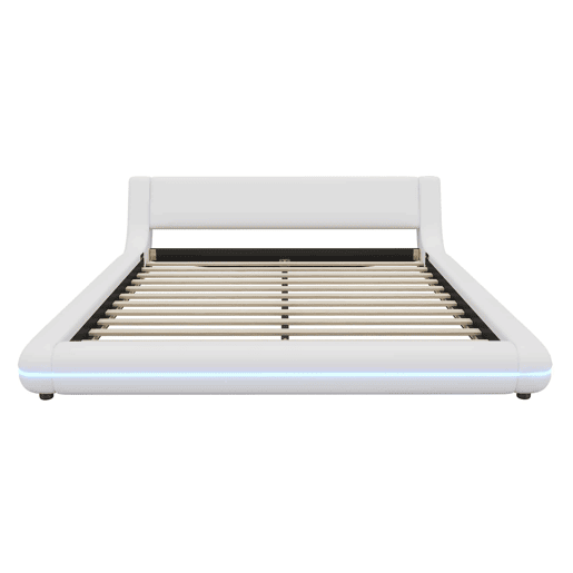 Cama baixa 160x200 cm - PU, LED ambiente, design moderno - Branco