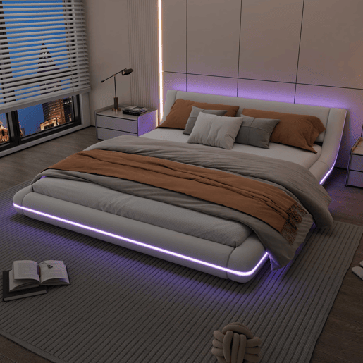 Cama baixa 160x200 cm - PU, LED ambiente, design moderno - Branco