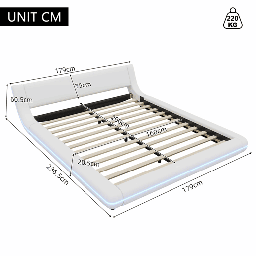 Cama baixa 160x200 cm - PU, LED ambiente, design moderno - Branco