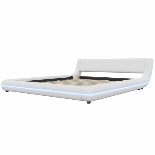 Cama baixa 160x200 cm - PU, LED ambiente, design moderno - Branco