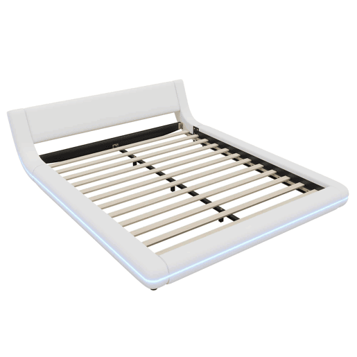 Cama baixa 160x200 cm - PU, LED ambiente, design moderno - Branco