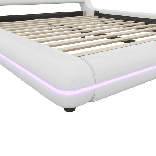 Cama baixa 160x200 cm - PU, LED ambiente, design moderno - Branco