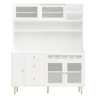 Armário alto para sala 145x39x171 cm - prateleiras ajustáveis, LED, gaveta com garrafeira - branco