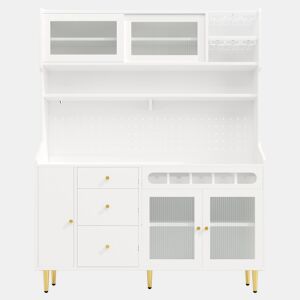 Armário alto para sala 145x39x171 cm - prateleiras ajustáveis, LED, gaveta com garrafeira - branco