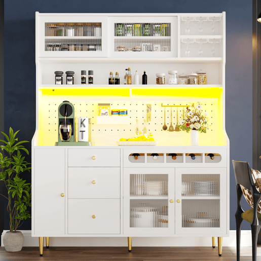 Armário alto para sala 145x39x171 cm - prateleiras ajustáveis, LED, gaveta com garrafeira - branco Armário alto para sala 145x39x171 cm - prateleiras ajustáveis, LED, gaveta com garrafeira - branco